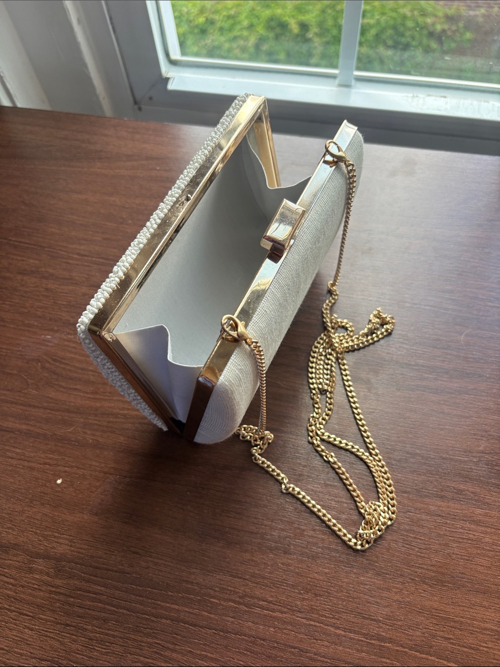 Pearl Beaded Clutch with ‘Mrs’ Metallic Script and Gold Chain - Picture 4 of 7